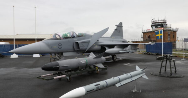 An MBDA Meteor in front of a SAAB JAS 39 Gripen